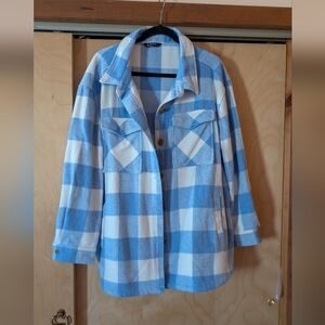 Blue and White Plaid Wool Blend Shacket